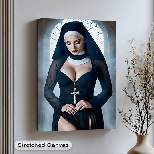 Provocative mood created by this erotic canvas wall art, a premium canvas decor selection with a nun in sultry pose and large framed print.