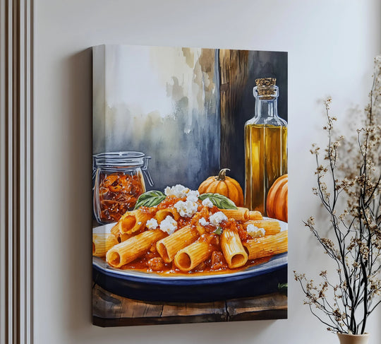 With rich color saturation, this premium canvas decor showcases a 'Pasta al Pomodoro' print, highlighting the rustic warmth of an Italian kitchen scene.