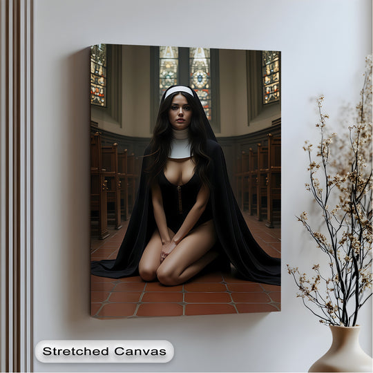 The stillness of this premium canvas decor highlights a kneeling nun in Sacred Temptation - Erotic Canvas Art set against the backdrop of a quiet church.