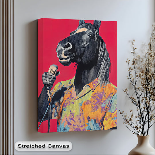 Canvas wall art featuring a singing horse in a tropical shirt and showcasing pop art style for horse art wall decor