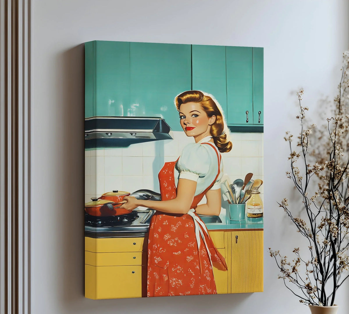 Highlighting the vintage kitchen cabinets, this high quality canvas prints of a retro homemaker cooking in a 1950s kitchen creates a nostalgic charm.