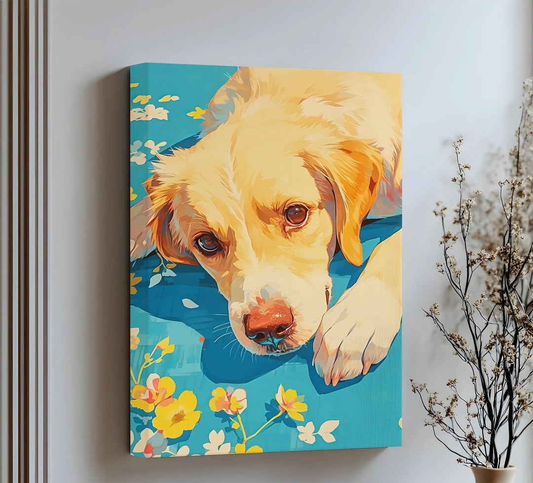 Sunlit Gaze – Playful Floral Dog Portrait Puppies Canvas Print - MyPhotoStation