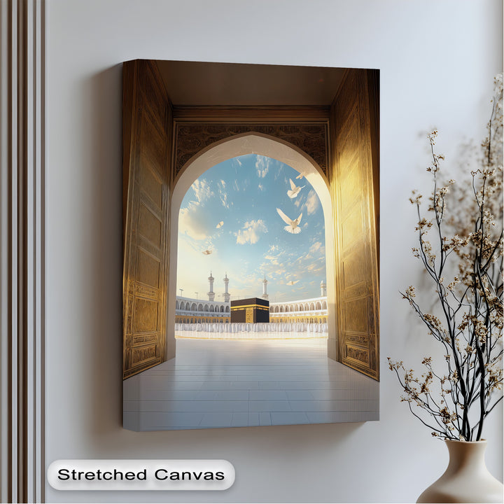 Path to the Sacred – Kaaba Through Golden Archway Canvas Print