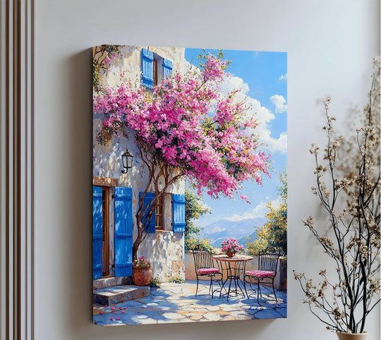 Bougainvillea tree laden with blossoms takes center stage in this Mediterranean terrace scene depicted in high quality canvas prints, complemented by blue shutters.