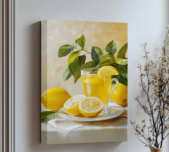 Softly painted leaves frame a refreshing lemon tea still life in this inviting kitchen canvas artwork print, bringing a touch of warmth to any space.