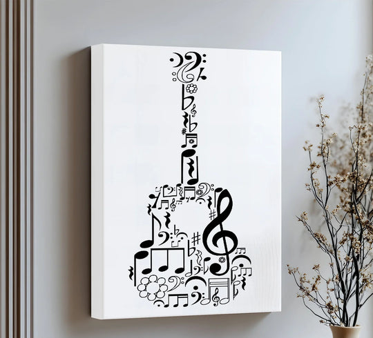 White is the dominant color in this modern music big canvas prints design featuring a guitar-shaped arrangement of musical symbols.