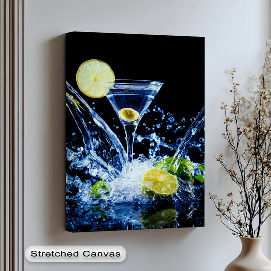 The clean, visible borders of this detailed canvas art print showcase a lively lemon martini cocktail with dynamic water splashes.