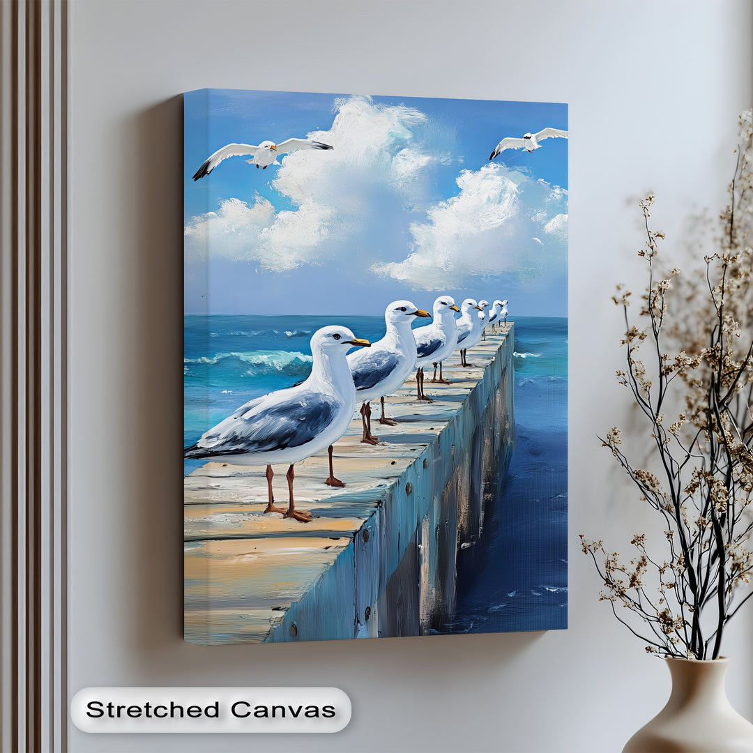 Lined in perfect order, seagulls meet the surf in this striking canvas print.

