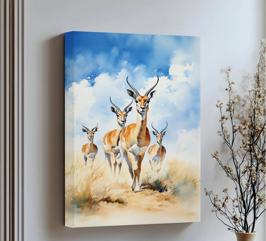 High-quality canvas painting ensures the 'Desert Grace – Antelope Herd in Motion Animal Canvas Print' maintains its vibrant watercolor depiction.
