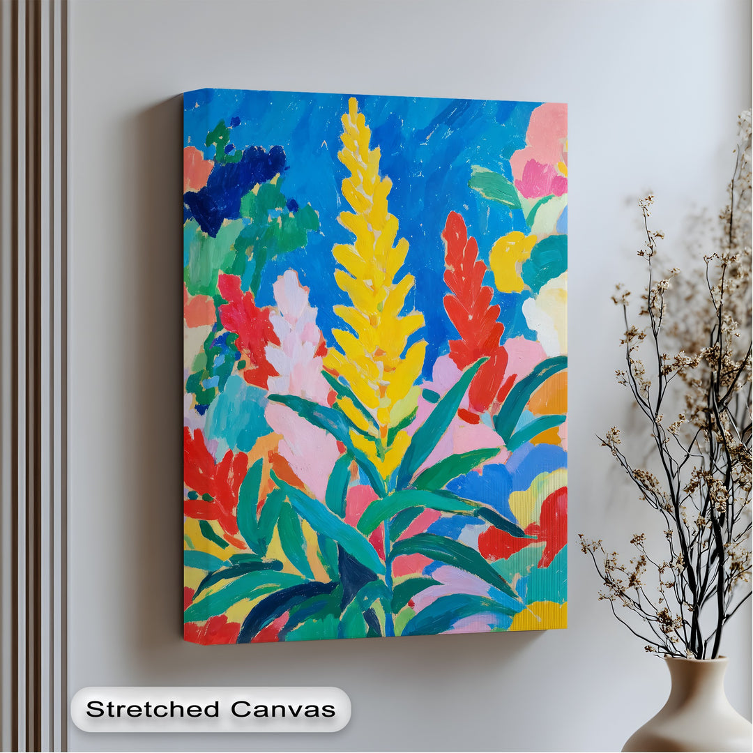 A bold yellow flower stands tallest in this colorful abstract garden scene of vibrant fauvist flower canvas art.