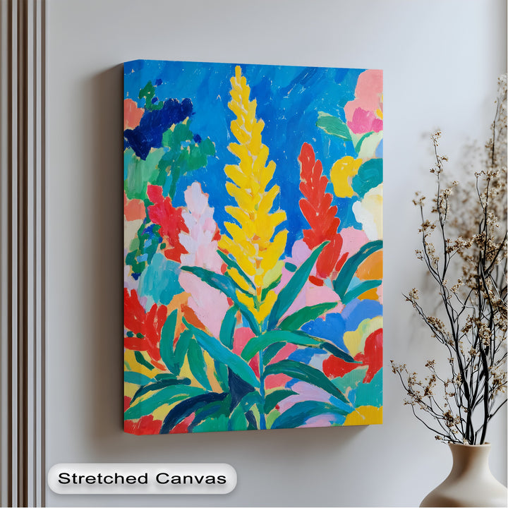 A bold yellow flower stands tallest in this colorful abstract garden scene of vibrant fauvist flower canvas art.