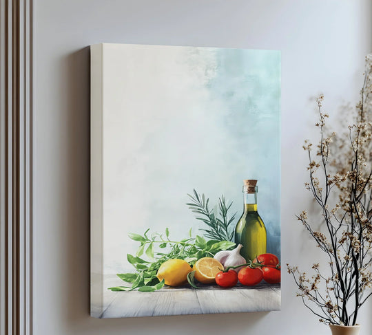 Delicate depth and layers are captured in this framed canvas, 'Essence of the Mediterranean,' featuring a still life of olive oil, herbs, lemons, and tomatoes.