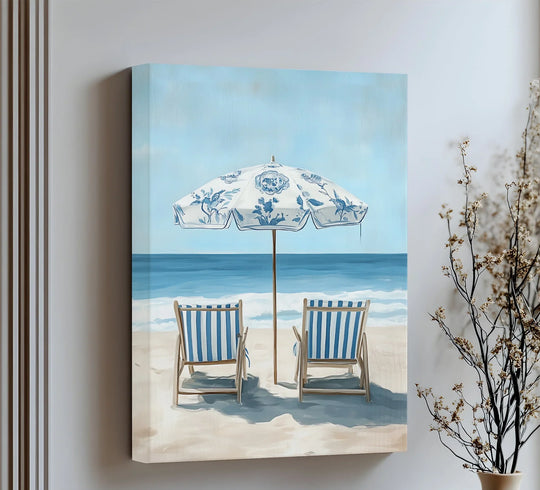 Gentle breezes seem to stir the striped fabric of the chairs in this hanging canvas of beachfront bliss.