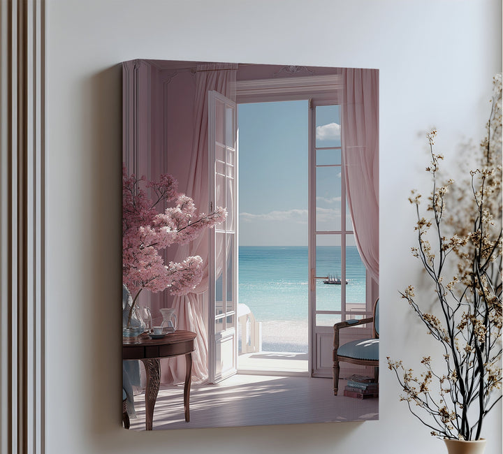 Seaside Serenity – Elegant Room with Ocean View Canvas Print