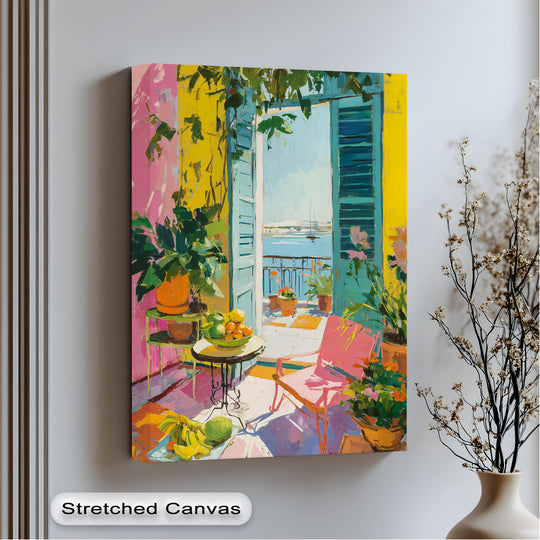 Canvas wall art featuring a vibrant Mediterranean balcony scene with bold brushstrokes and bright coastal colors.