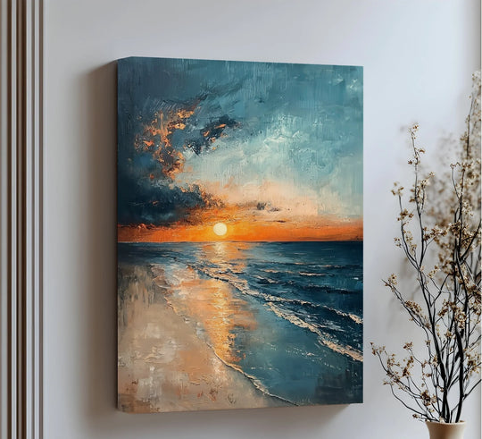 Blending hues illustrate the transition in this sunset serenity over ocean shore canvas print, offering big canvas prints of a tranquil seascape.