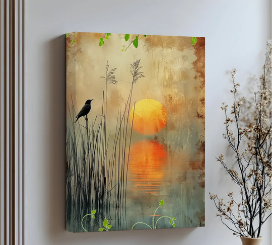 Flowing reeds and rippling reflections suggest constant movement in this Whispers at Dusk canvas artwork featuring a silhouetted bird against a vivid sunset.