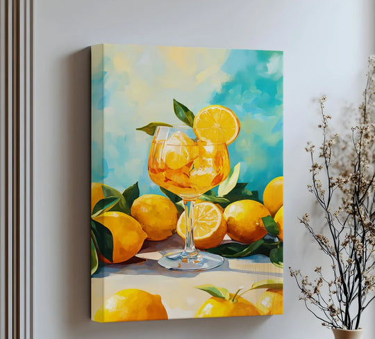 The stillness captures the vibrant lemon glass canvas wall art print, portraying a citrus cocktail's refreshing pause amidst scattered lemons.