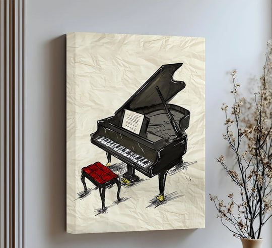 Textured, crumpled paper forms the vintage backdrop for this canvas wall art featuring a sketch of a grand piano and stool.