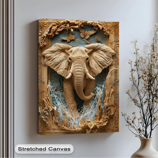 A vertically oriented rectangular canvas wall art features a majestic elephant with intricate details, showcasing a stunning safari nature scene.
