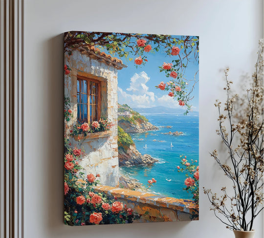 Framed by the edge and borders, this canvas wall art displays a seaside roses view of a Mediterranean coast window, printed on canvas.