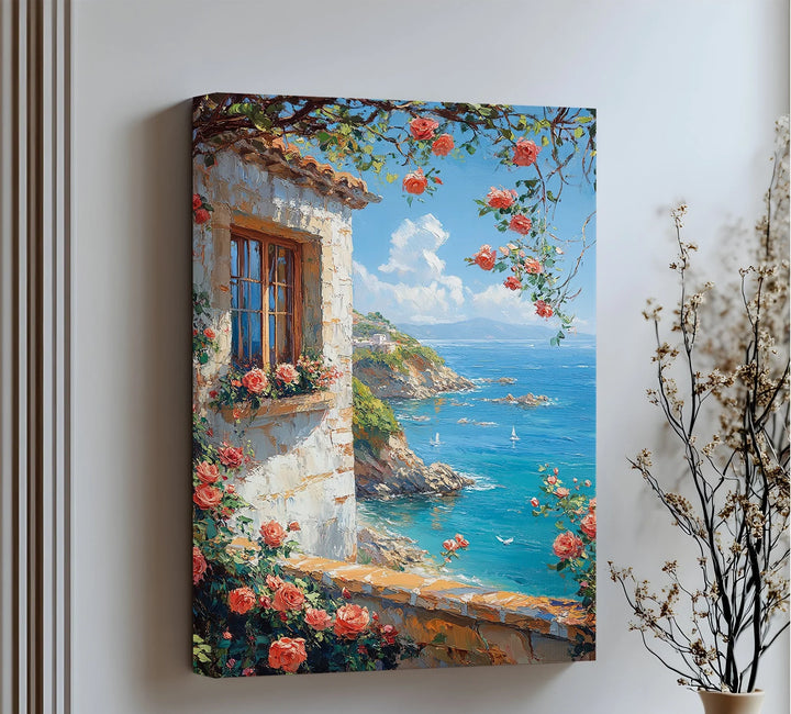 Seaside Roses View – Mediterranean Coast Window Canvas Print - MyPhotoStation