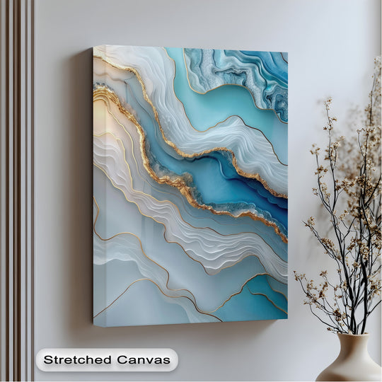 Striking color contrast between deep turquoise and light grey hues is highlighted by glittering gold lines on this abstract marble agate canvas art prints.