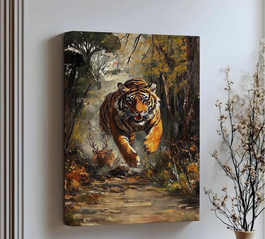 Orange hues dominate the 'Predator's Pursuit' canvas pictures, showcasing a wild tiger chasing its prey in a dense, vividly colored forest setting.