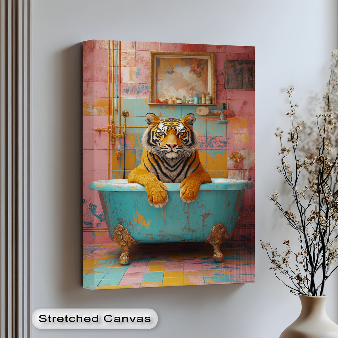 This bold and colorful tiger-in-bathtub canvas print adds a quirky and fearless touch to modern interiors, making it the perfect centerpiece for eclectic bathrooms or creative living spaces.

