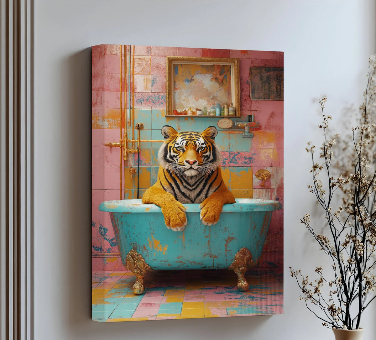 Dominant pink and blue hues accent the Bathtub Royalty – Tiger in a Colorful Bathroom best canvas prints, bringing a whimsical touch to the vintage tub scene.