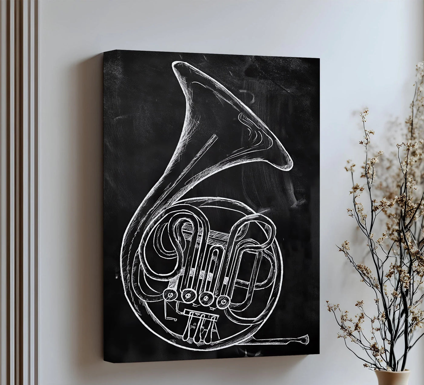 Subtle light and shadow define the chalkboard French horn on this striking big canvas prints design, accentuating its curves and the depth of the classical musical instrument.