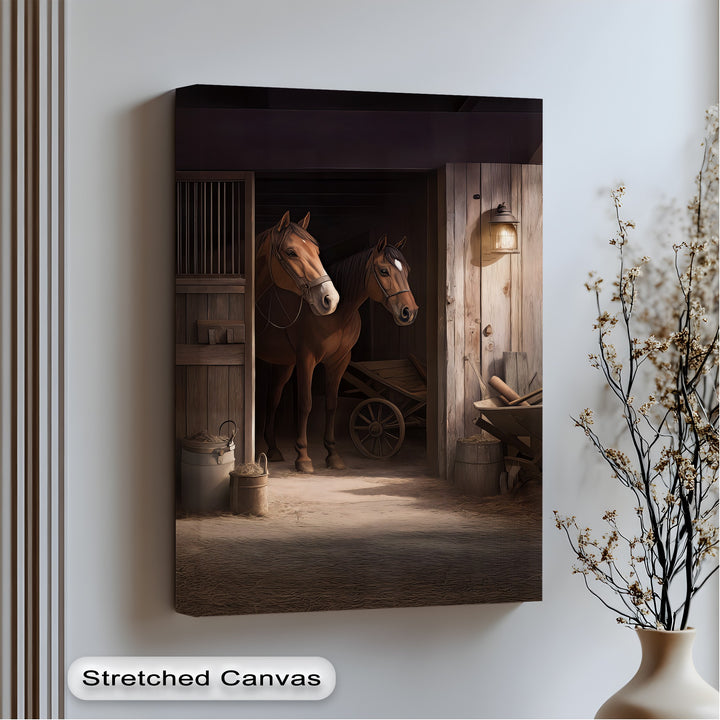 Stable Companions – Rustic Horse Barn Scene Canvas Print