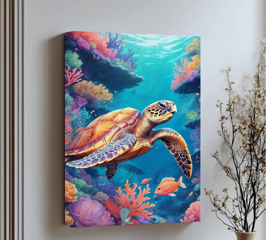 Aqua hues dominate this unique canvas print of a graceful sea turtle amongst vibrant coral, creating an ocean life animal art piece.