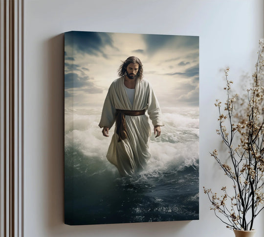 Foreground textured details capture the dramatic surf beneath Jesus in this 'Faith on the Waves' canvas painting print.
