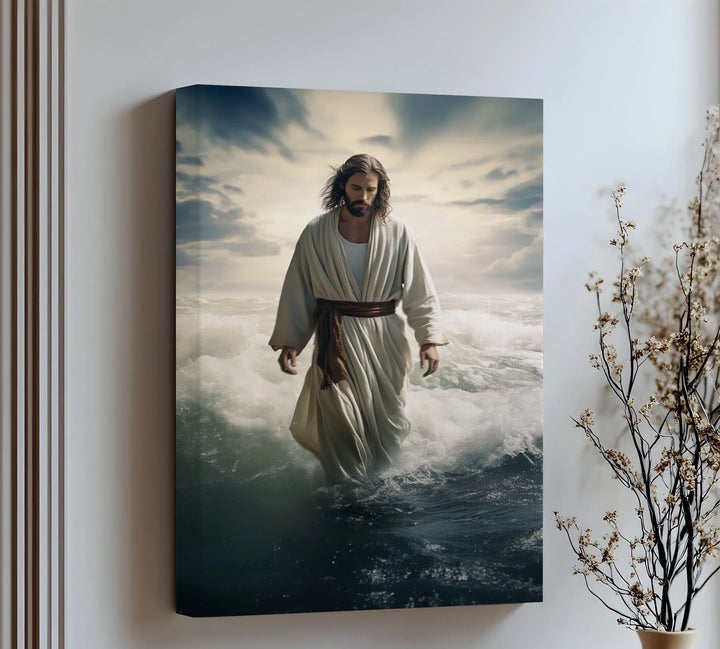 Feel divine peace with this powerful canvas wall art of Jesus walking calmly on the waves.


