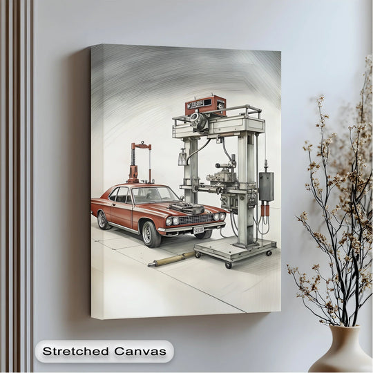 Revealing depth and layers, this muscle car canvas print artfully captures a retro vehicle in a detailed workshop, showcased through best canvas prints.