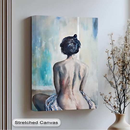 Subdued color saturation enhances the serene solitude of this erotic canvas print, showcasing artistic detail within the best canvas prints, and creating an intimate atmosphere.