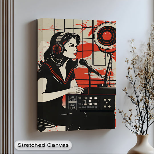 Showcasing depth and layers, the Radio Rebel illustration features high quality canvas prints bringing a retro female DJ to life in graphic pop art.