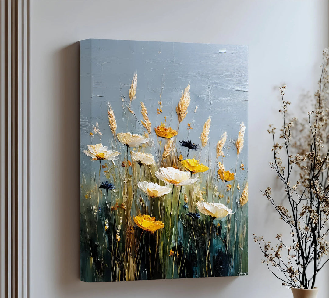 Golden Meadow Glow – wildflower and wheat canvas print for rustic decor.

