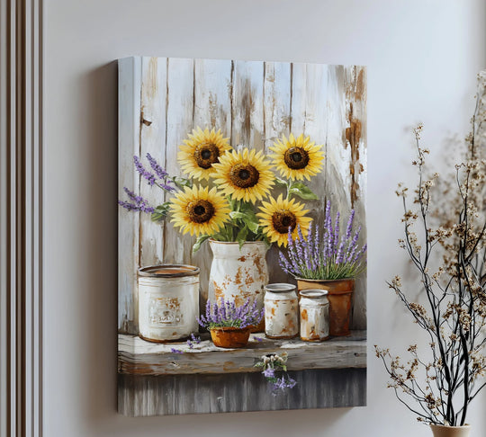 Foreground details highlight the rustic charm of the sunflowers and lavender hanging canvas art print, displayed in aged, repurposed jars and pots.