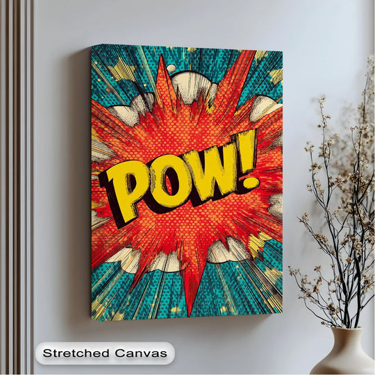 High-quality canvas art displaying a comic book-style 'POW!' explosion showcases the vibrant colors and textures achieved through professional printing techniques.