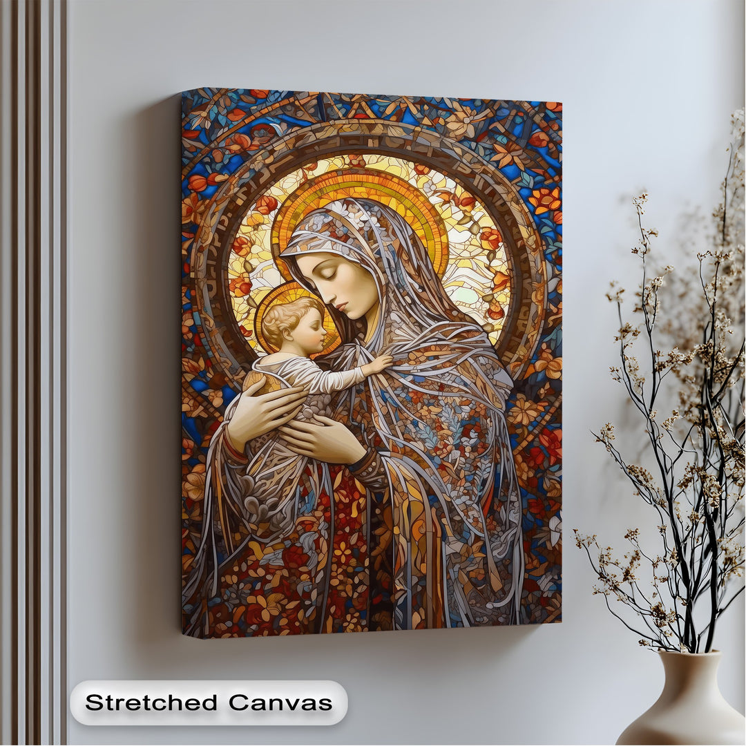 The abstract stained glass design depicts the Virgin Mary and Child Jesus with vibrant, fragmented patterns, creating a unique canvas print.