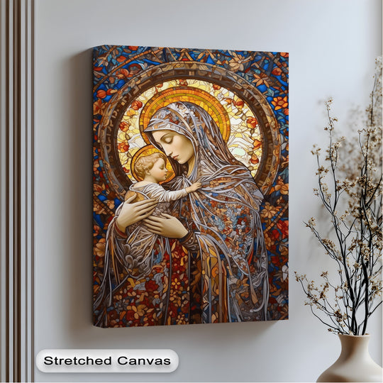 The abstract stained glass design depicts the Virgin Mary and Child Jesus with vibrant, fragmented patterns, creating a unique canvas print.