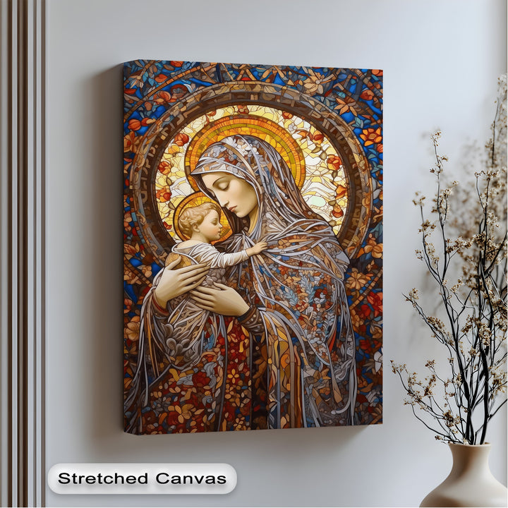 The abstract stained glass design depicts the Virgin Mary and Child Jesus with vibrant, fragmented patterns, creating a unique canvas print.