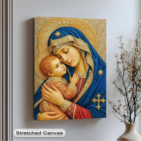 Stillness emanates from this Christian framed canvas, portraying a serene Madonna gently embracing Child Jesus, adorned in blue and gold.