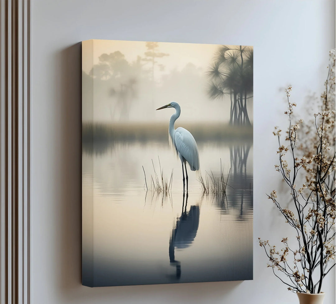 Misty Morning Heron – Serene Lakeside Reflection Canvas Print - MyPhotoStation