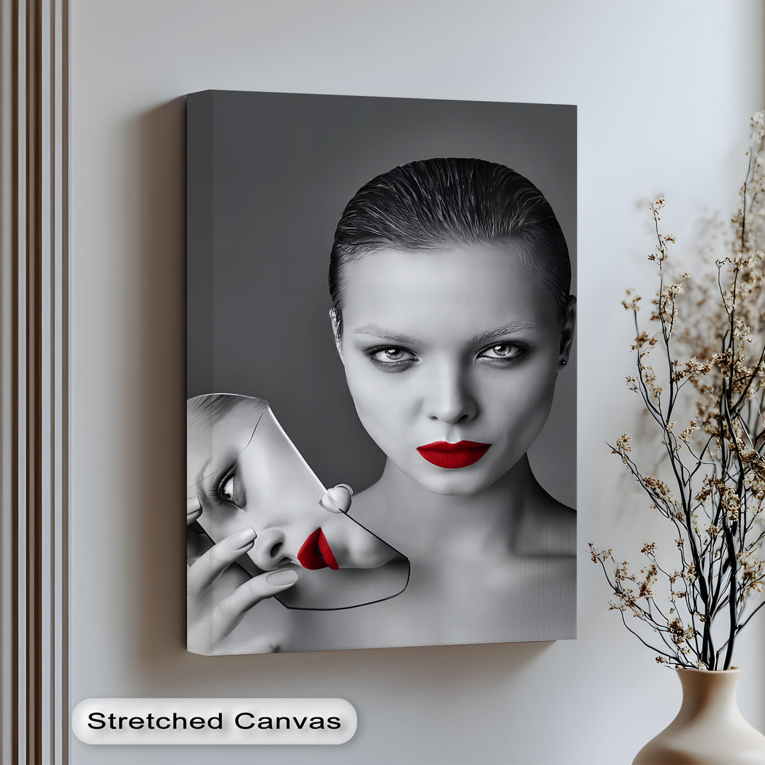 Unveil mystery and emotion with this striking canvas wall art featuring a dual-faced portrait in grayscale with red lips.


