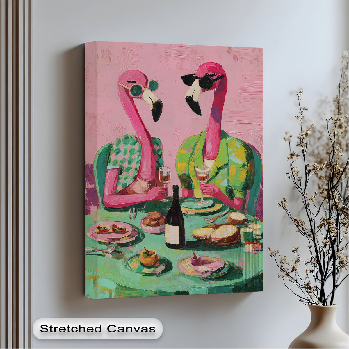 Gallery-worthy flamingo dinner party canvas print showcases the material quality of the stretched canvas artwork, highlighting its texture and finish as playful pop art wall art.