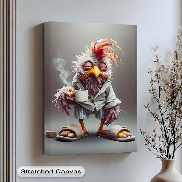 Vast negative space surrounds the comical Morning Grump Bird canvas painting, featuring a sleepy fowl in pajamas sipping hot coffee.