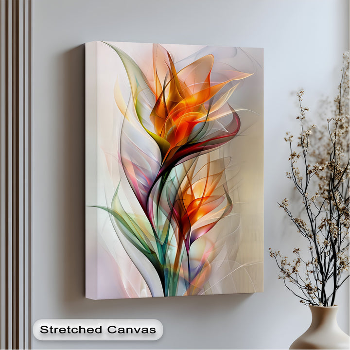 Negative space subtly highlights the vibrant, translucent abstract floral forms in this modern orange botanical canvas artwork.